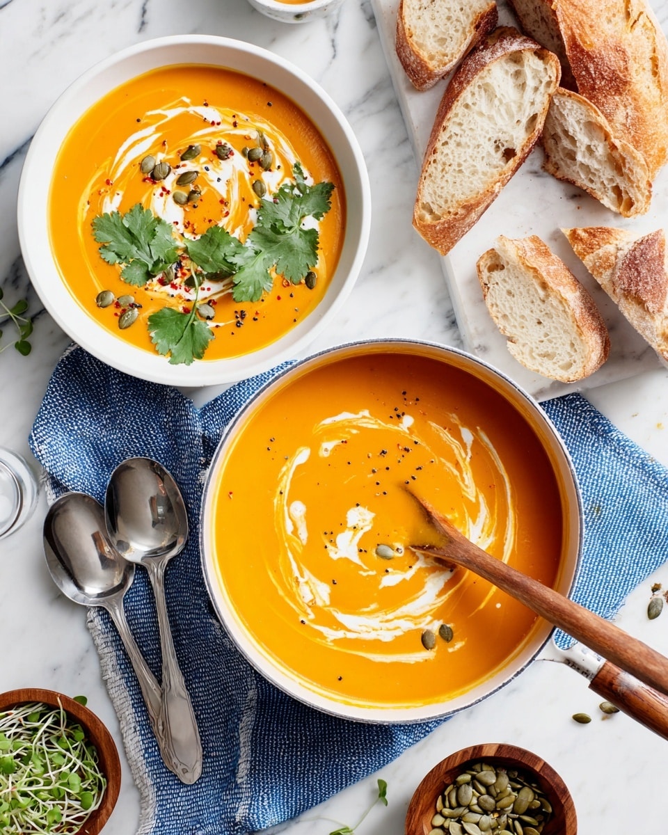 The image shows a large white bowl filled with smooth orange pumpkin soup, with a swirl of white cream and sprinkle of black pepper on top, and a wooden spoon resting inside it. Above it, there is a white plate holding a serving of the same soup garnished with bright green cilantro leaves and pumpkin seeds, with a drizzle of white cream and some red chili flakes. Next to the plate, two silver spoons rest on a white marbled surface. To the right, there are several slices of crusty bread with a golden brown crust sitting on a blue and white checkered cloth. Small wooden and white dishes around the bowl contain fresh green sprouts and extra pumpkin seeds, all set on a white marbled texture background, with a blue cloth under the bowl. photo taken with an iphone --ar 4:5 --v 7