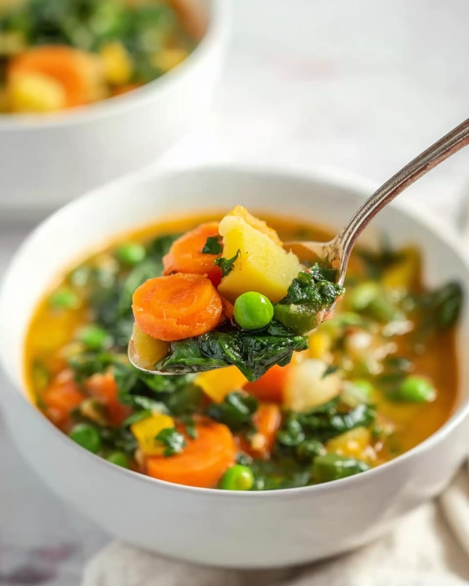 A close-up of a white bowl filled with colorful vegetable soup, showing multiple layers including bright orange carrot slices, green peas, dark green spinach leaves, and light yellow chunks of potato or squash, all mixed in a light orange broth; a silver spoon is lifted from the bowl holding a mix of these vegetables, with the background featuring a soft focus of another white bowl and a white marbled texture surface. photo taken with an iphone --ar 4:5 --v 7