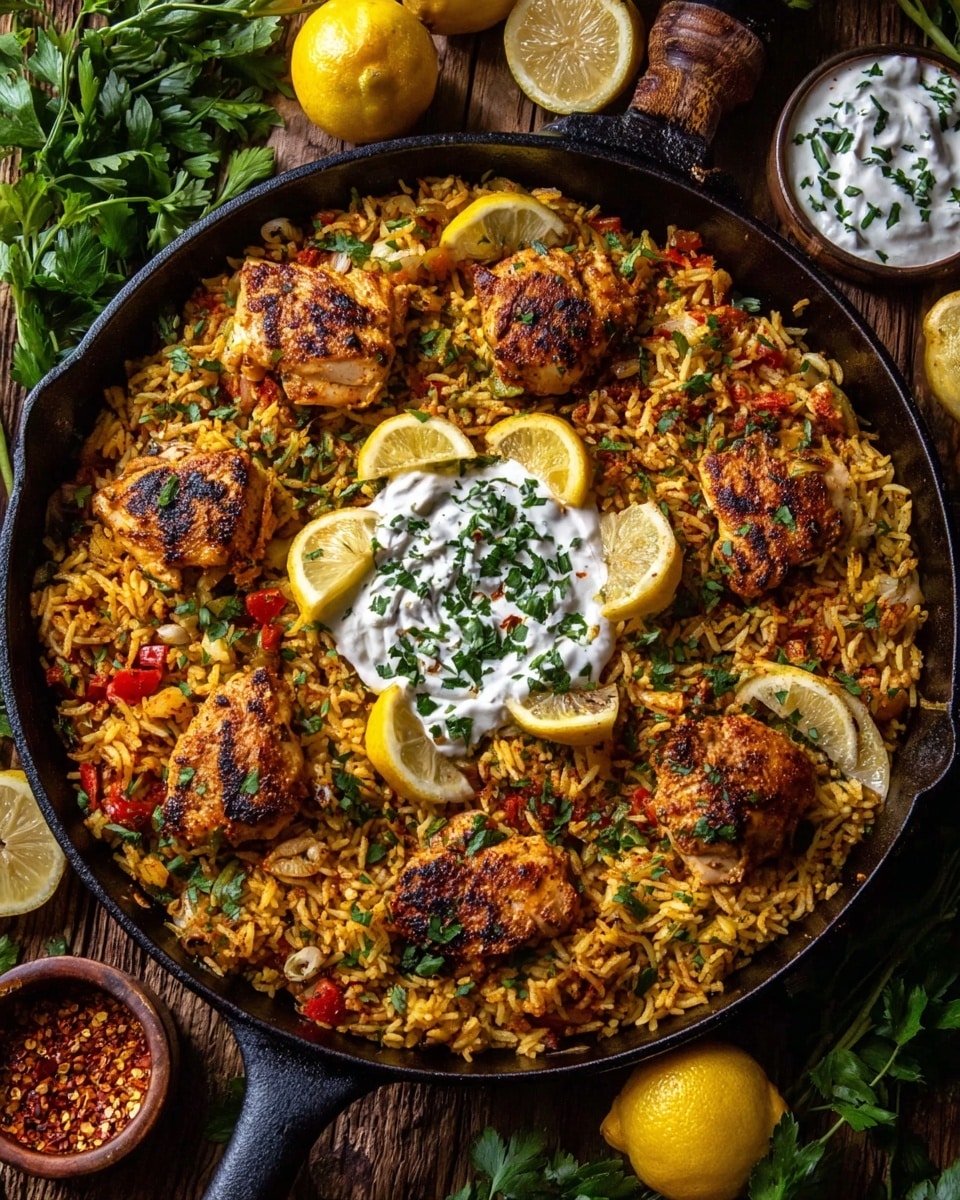 A close-up of a pan filled with golden brown cooked rice as the base layer, mixed with small bits of sautéed onions and green and red bell peppers scattered throughout. On top of the rice, there are several pieces of grilled chicken, dark brown with charred edges and visible spices. In the center, there is a dollop of white creamy sauce garnished with fresh green chopped herbs. The chicken and rice are sprinkled with more chopped green herbs, adding a fresh pop of color. The dish sits on a white marbled surface. photo taken with an iphone --ar 4:5 --v 7