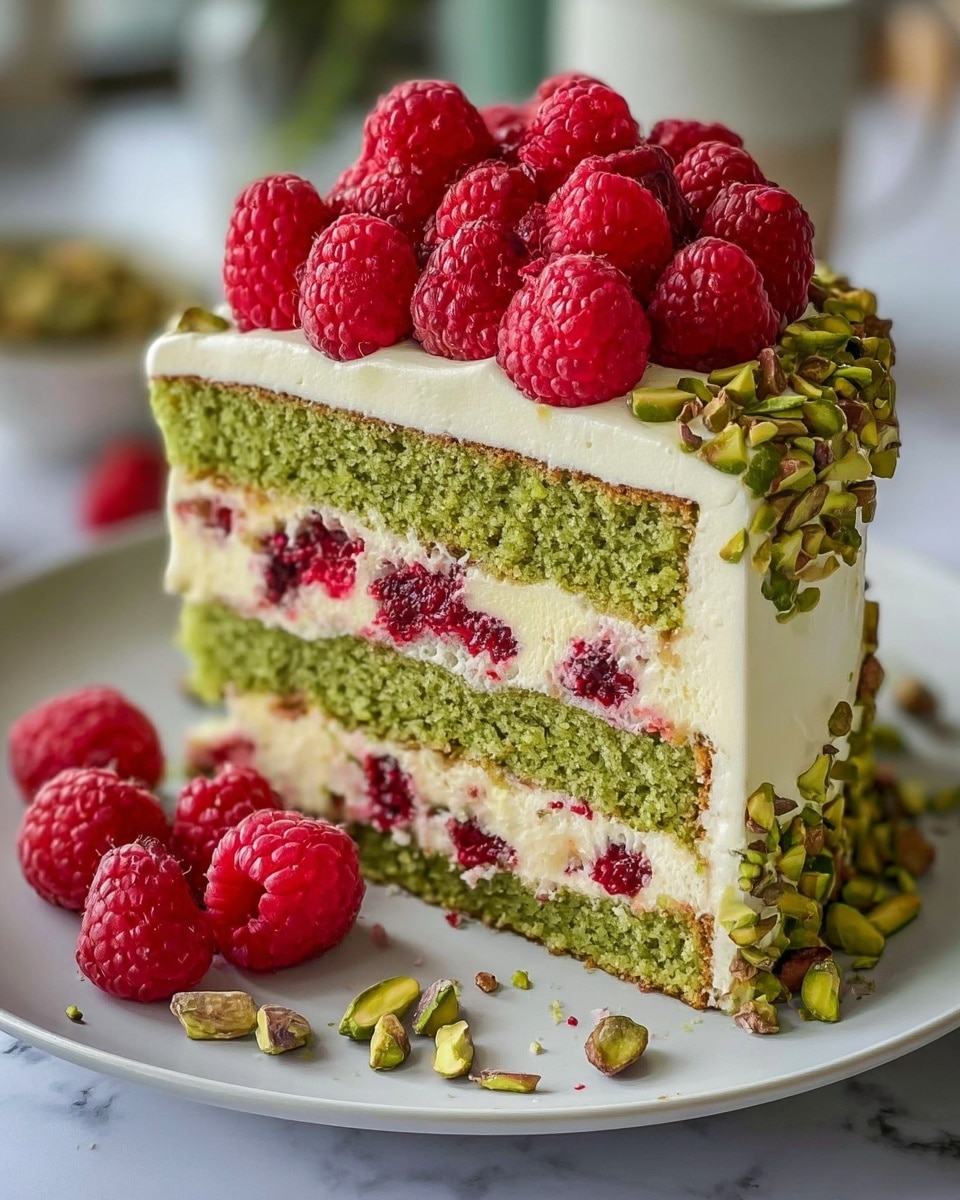 A tall, round cake with four layers of green sponge separated by thick white cream and fresh red raspberries inside each layer. The outside is coated with smooth white cream and covered on top with a pile of bright red raspberries and sprinkled with green pumpkin seeds. More pumpkin seeds decorate the vertical sides of the cake. The cake sits on a white plate on a white marbled surface with a few loose raspberries and seeds around the base. Photo taken with an iphone --ar 4:5 --v 7