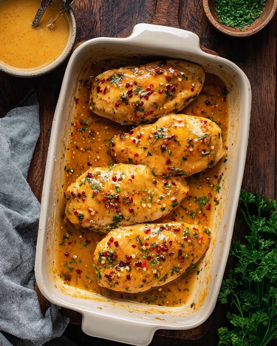 A white plate holds a bed of cooked white rice mixed with small herbs and chili flakes, providing a slightly speckled texture and light green and red colors throughout. On top of the rice lie five thick slices of golden-brown chicken breast, each piece glazed with a shiny orange sauce and sprinkled with finely chopped green herbs. The chicken pieces are arranged in a neat row from left to right, showing their juicy white inside and crisp outer layer. The plate sits on a wooden table, with a small bowl of creamy orange sauce visible in the upper left corner and a bunch of fresh green parsley to the right. Photo taken with an iphone --ar 4:5 --v 7