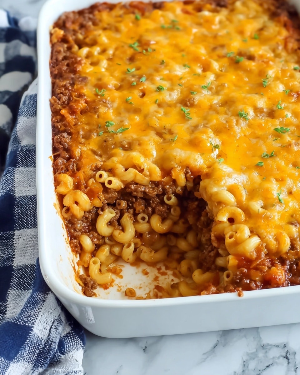 The image shows a white rectangular baking dish with a baked macaroni and ground beef casserole. The top layer is browned melted cheddar cheese with a slightly crispy texture and small green herb sprinkles. Below the cheese, there is a thick layer of cooked ground beef that appears moist and well-seasoned. The bottom layer consists of cooked elbow macaroni pasta with a light yellow color, lightly coated with sauce. The casserole has a scoop taken out from the corner, revealing the three distinct layers. The dish sits on a white marbled surface with a blue and white checkered cloth nearby. Photo taken with an iphone --ar 4:5 --v 7