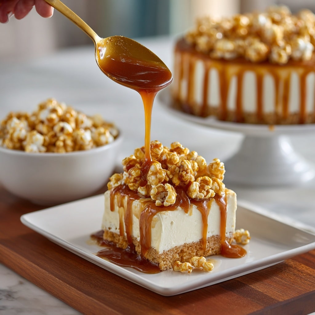 A thick round cake sits on a white cake stand, topped with a large pile of caramel popcorn that spills slightly over the sides. The cake is covered with smooth caramel sauce that drips down the sides, creating a glossy, sticky texture. The cake itself appears soft and moist with a light brown color underneath the caramel layer. The background shows a white marbled surface with soft natural light coming from the back, making the caramel shine warmly. Nearby, a white bowl contains more caramel popcorn, and some pieces are scattered around the base of the cake stand. Photo taken with an iphone --ar 4:5 --v 7
