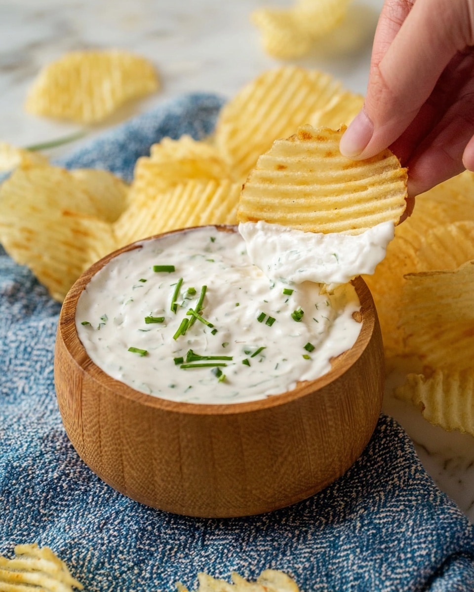 A wooden bowl filled with creamy white dip, sprinkled with small pieces of chopped green chives evenly spread on the top, surrounded by several ridged potato chips resting on a white marbled surface partially covered with a white cloth with blue stripes. photo taken with an iphone --ar 4:5 --v 7