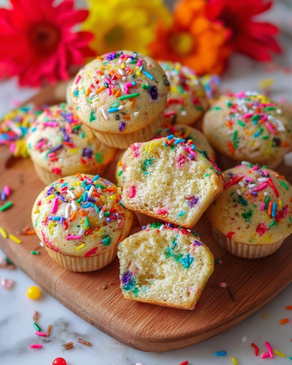 The image shows a group of nine golden-yellow muffins with colorful rainbow sprinkles scattered throughout the baked tops and some sprinkles loose around them on a wooden board placed over a white marbled surface. Each muffin has a rounded top, slightly cracked, revealing the soft texture inside, with multicolor bits like red, green, orange, yellow, blue, and purple embedded in the light dough. The muffins are in light brown paper liners, and a few bright pink and yellow flowers are blurred in the background, adding a cheerful atmosphere to the scene. The lighting is natural, creating a warm and inviting feeling. photo taken with an iphone --ar 4:5 --v 7