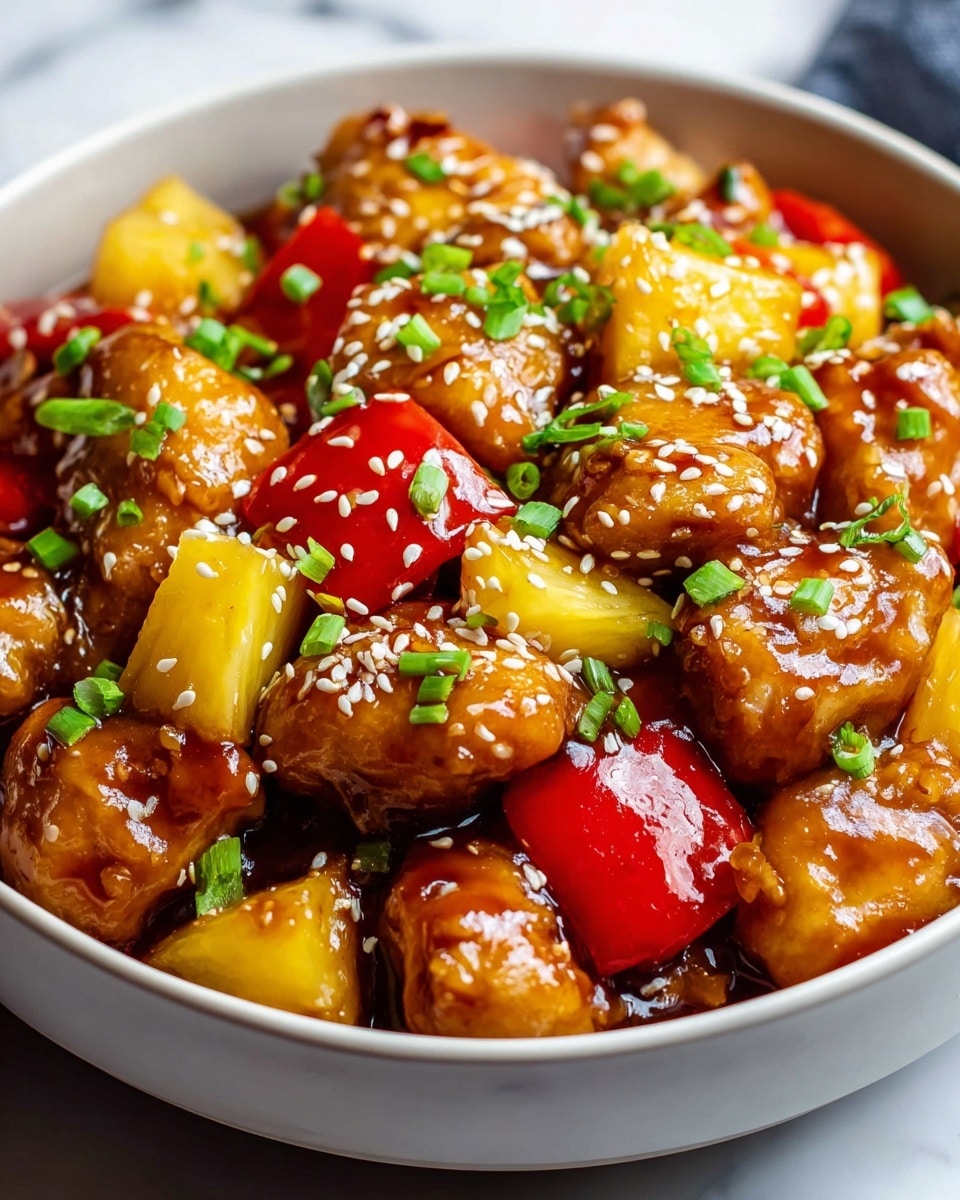 Inside a black slow cooker, a stew with several layers is visible. The bottom layer is a glossy brown sauce. Floating on top are chunks of light brown cooked chicken, bright yellow pineapple pieces, and red bell pepper slices. The stew is sprinkled with white sesame seeds and small green chopped scallions. The slow cooker sits on a white marbled surface. photo taken with an iphone --ar 4:5 --v 7