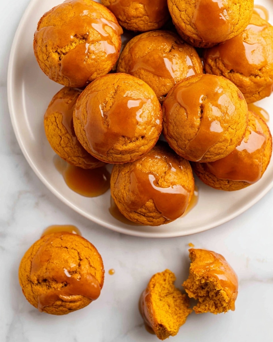 This image shows a white round plate filled with soft, round orange muffins that have a slightly cracked texture on top. Each muffin is drizzled with a shiny, light caramel-colored syrup that pools on the bumpy tops, creating a wet, glossy look that contrasts with the dry muffin surface. Around the plate, there are a few muffins placed directly on a white marbled surface, two of which have a bite taken out, revealing a moist inside that matches the outer orange color. The lighting highlights the muffins' warm glow and syrup shine, making them look fresh and inviting. Photo taken with an iphone --ar 4:5 --v 7