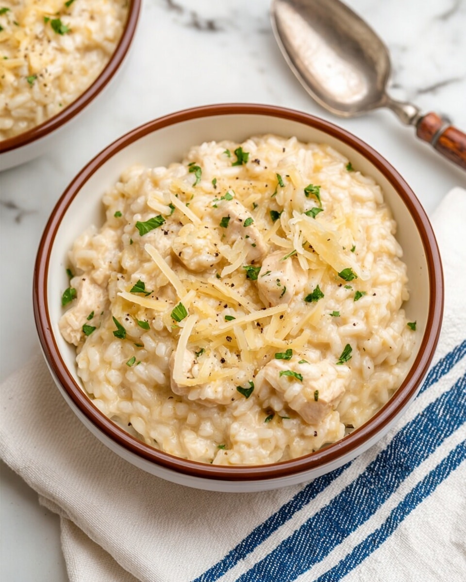 A close-up of a bowl filled with creamy, light beige risotto mixed with small pieces of chicken, topped with green parsley bits and thin strands of pale yellow cheese, showing a soft, slightly glossy texture with some black pepper sprinkled on top. The bowl is white with a brown rim, sitting on a white cloth with blue stripes, next to a silver spoon with a wooden handle, all placed on a white marbled surface. Photo taken with an iphone --ar 4:5 --v 7