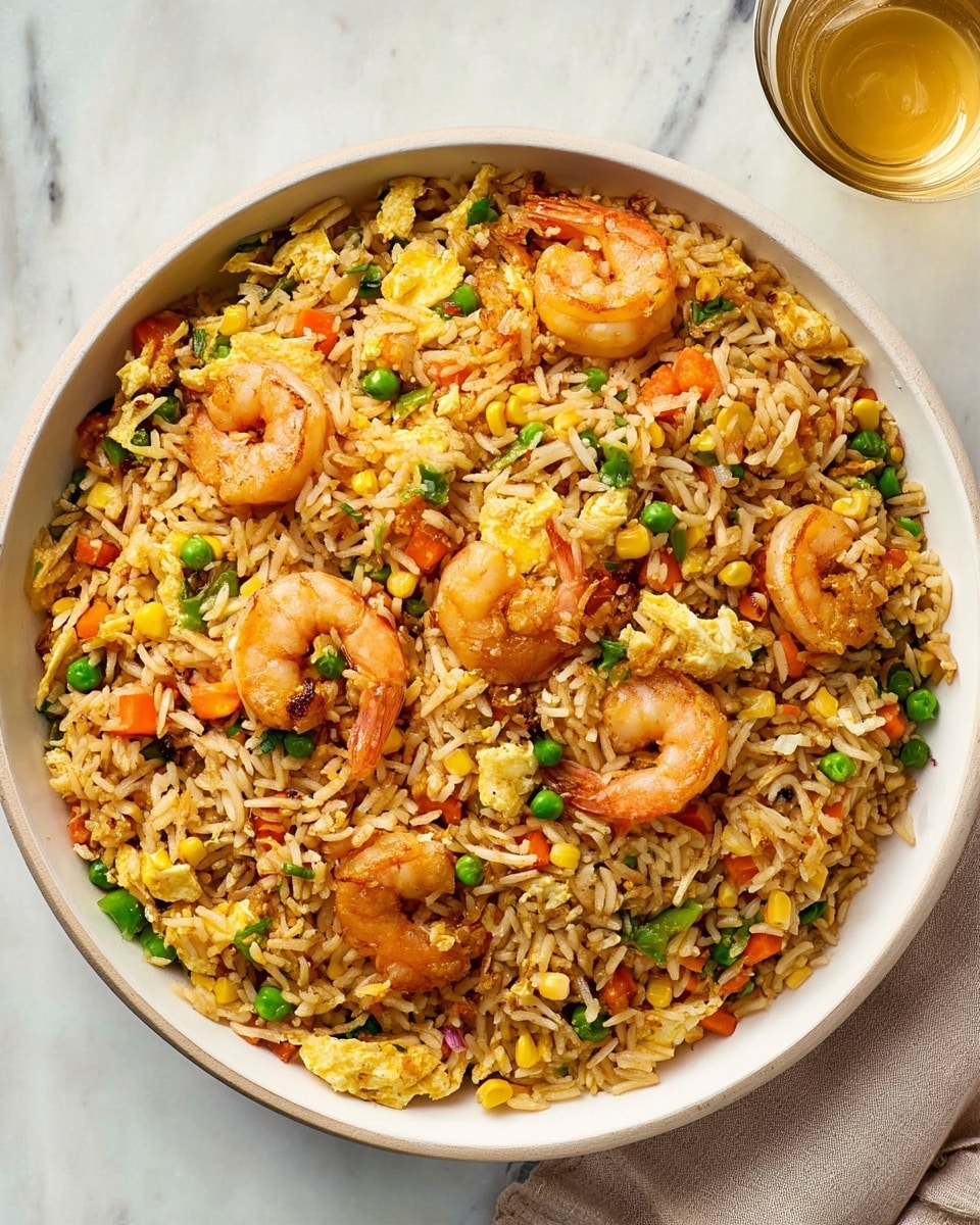 A large white bowl filled with fried rice that has visible layers made of long grains of golden-brown rice mixed evenly with bright green peas, orange carrot cubes, yellow corn kernels, and scrambled egg pieces. On top, plump pink shrimp are scattered, showing their curved shapes and slightly charred edges, adding texture contrast. The bowl is placed on a white marbled surface, with a glass of light-colored liquid seen near the top right corner. The image captures the mixture of colors and textures nicely, emphasizing the freshness and variety of ingredients. Photo taken with an iphone --ar 4:5 --v 7