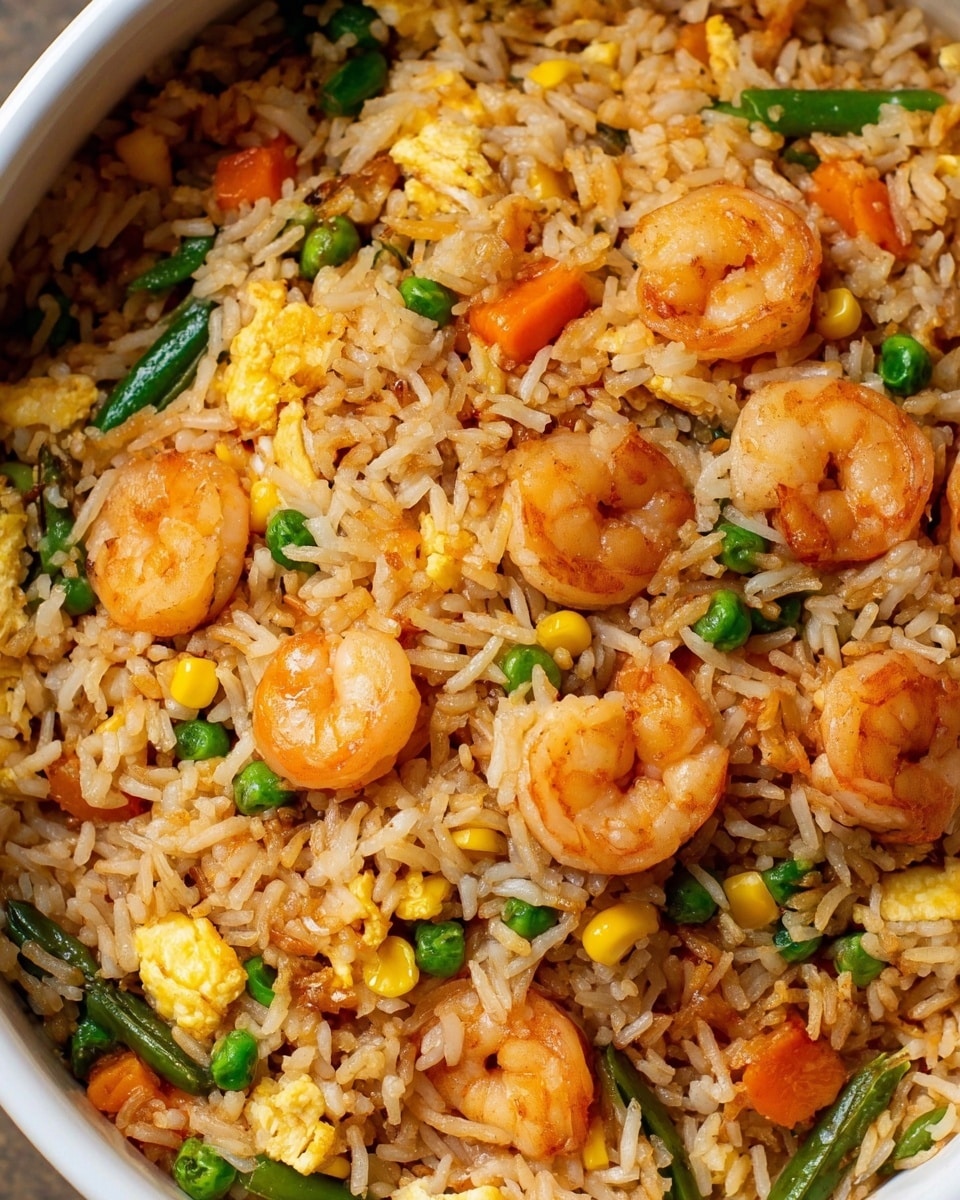 A close-up view of shrimp fried rice served in a white bowl showing a mix of ingredients evenly spread. The base layer is long grain white rice colored light brown from soy sauce or seasoning, with small pieces of scrambled eggs scattered throughout in yellow patches. Bright orange cooked shrimp are placed on top along with green peas, small diced orange carrots, yellow corn kernels, and green beans, adding pops of color and texture. The overall texture is fluffy but slightly glossy from the stir-fry process, with the shrimp slightly curled and glistening, and the veggies maintaining some firmness. Photo taken with an iphone --ar 4:5 --v 7