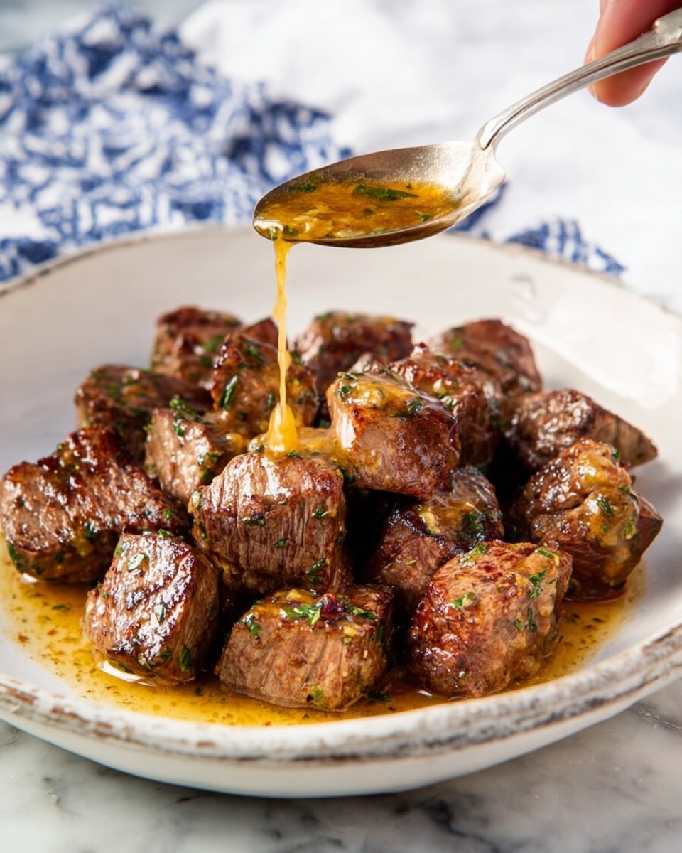 A white plate filled with multiple pieces of browned beef cubes garnished with green herbs, each piece showing a juicy, textured surface with some seared edges; above the plate, a silver spoon held by a woman's hand is pouring golden, slightly thick sauce over the beef, with the sauce visibly dripping onto the meat; the setting includes a white marbled surface beneath and a white cloth with blue pattern in the blurred background; the lighting highlights the glossy sauce and the beef's rich color and texture, photo taken with an iphone --ar 4:5 --v 7