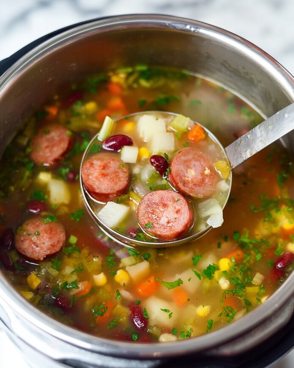 Two white bowls with a blue rim are filled with soup containing visible layers of ingredients. The soup layer is a light brown broth with small specks of herbs. Floating in it are chunks of sliced sausage with a pinkish interior and browned edges, kidney beans in dark red, yellow corn kernels, diced white potatoes, green bell pepper pieces, and small diced red peppers. On top, fresh green cilantro leaves are scattered as garnish. A silver spoon rests in the front bowl, which sits on a white marbled surface, next to an orange towel and a white cloth with blue stripes. photo taken with an iphone --ar 4:5 --v 7