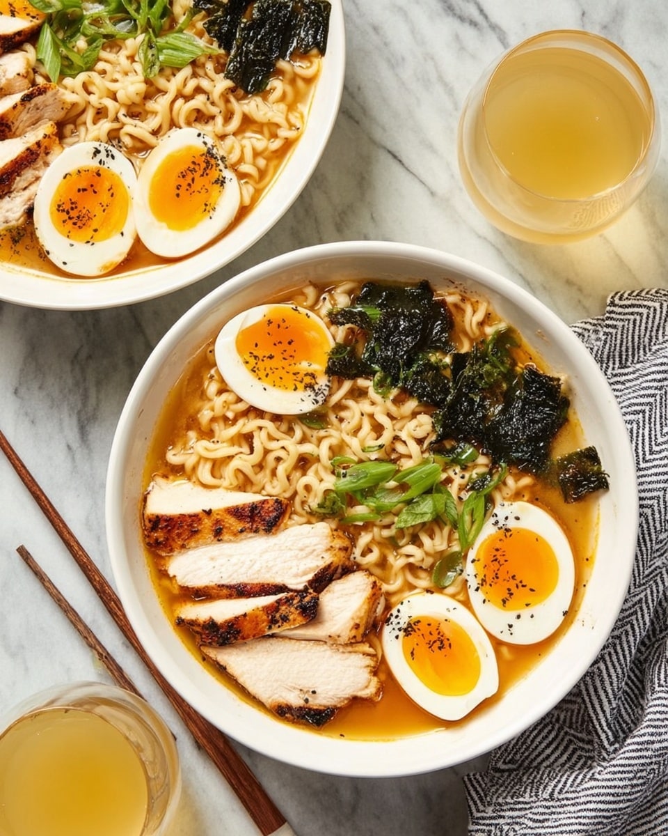 A bowl filled with light brown broth as the base, topped with thin, curly, pale yellow noodles sitting in the middle. On one side, there are five thick white slices of grilled chicken breast with dark grill marks, sprinkled with black sesame seeds and small green herb leaves. On the opposite side, there are two halved soft-boiled eggs with bright orange yolks and pale white edges, each topped with a few black sesame seeds. Next to the eggs, there is a small pile of dark green seaweed strips. The bowl is white and sits on a white marbled texture background. Photo taken with an iphone --ar 4:5 --v 7