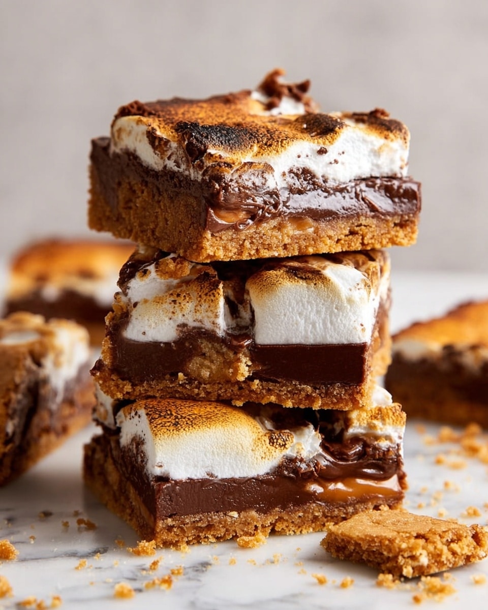 A square dessert cut into nine pieces shows a golden brown top layer with a cracked, slightly crisp texture. Underneath the top, white toasted marshmallows peek through in uneven spots, some with light brown toasted edges. Dark chocolate chunks are embedded between the marshmallow and the top layer, visible in several sections, melting slightly around the edges. The base layer is light and crumbly, resembling a soft baked cookie or crust. The dessert rests on crumpled white parchment paper, scattered with broken Hershey's chocolate pieces and crumbs. The background is a white marbled texture. photo taken with an iphone --ar 4:5 --v 7