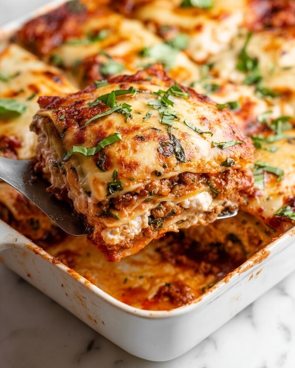 A close-up of a cheesey lasagna slice being lifted from a white baking dish with a silver spatula, showing about five layers: a top golden-brown melted cheese layer with green basil leaves, beneath that a red tomato sauce layer, followed by a white creamy layer, then a meaty sauce with visible bits of ground meat and herbs, and finally a pale pasta sheet layer at the bottom, with more melted cheese and basil scattered on the remaining lasagna in the dish, all set on a white marbled surface. Photo taken with an iphone --ar 4:5 --v 7