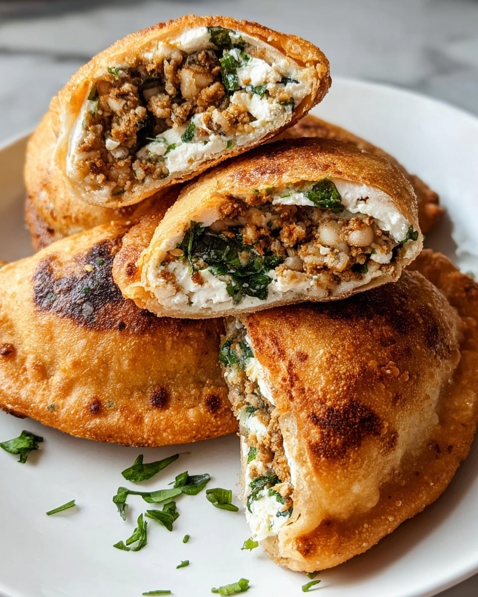 The image shows four folded flatbreads on a white plate placed on a white marbled surface. Each flatbread has a golden-brown grilled outer layer with some darker brown spots, indicating a crispy texture. Inside the flatbread, there are visible layers of white, crumbly cheese mixed with green herbs and pieces of grilled chicken that appear tender and lightly charred. The flatbreads are cut in half, showcasing the filling inside, and arranged overlapping each other to create depth in the image. photo taken with an iphone --ar 4:5 --v 7