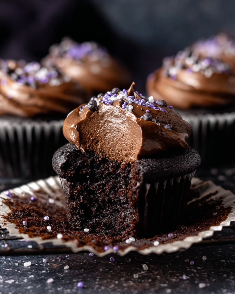 The image shows a close-up view of a silver metal cupcake tray with six round cups, each lined with light brown paper cupcake liners. In the top left cup, thick dark chocolate batter is being poured in a smooth, flowing stream creating a small swirl pattern. Two other cups in the tray already have the same dark chocolate batter filled inside, smooth and glossy at the top. The rest of the cups are empty with just the liners. The background features a white marbled texture. photo taken with an iphone --ar 4:5 --v 7