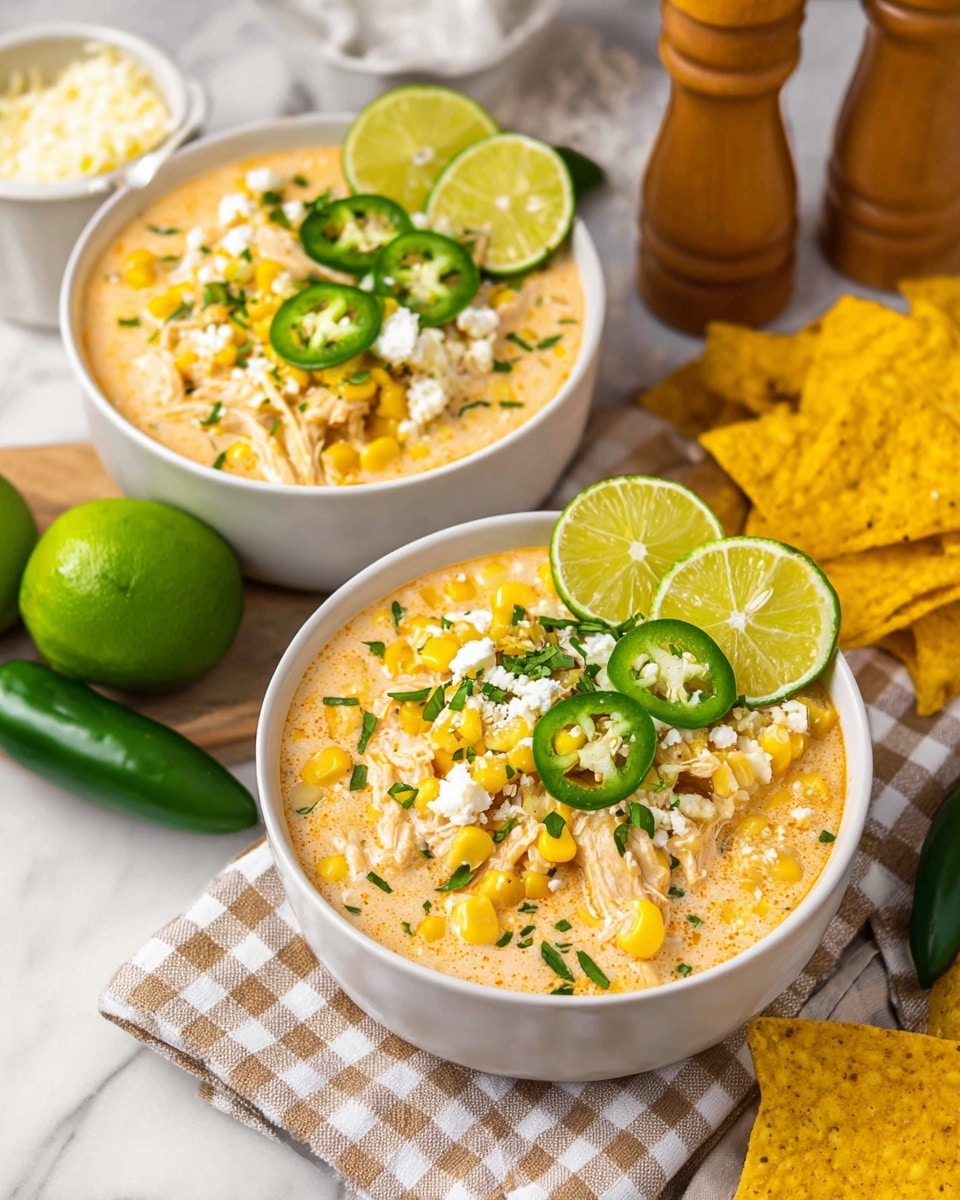 Two white bowls are filled with a creamy light orange soup that has visible chunks of chicken and small yellow corn kernels mixed in. The soup is topped with bright yellow corn, crumbled white cheese, thin green slices of jalapeño, fresh chopped green herbs, and a few slices of lime placed on top and on the side of each bowl. The bowls sit on a soft checked cloth on a white marbled surface, surrounded by halved bright green limes, two whole green jalapeños, and several triangular yellow corn chips. In the background, there are wooden salt and pepper shakers and a small white bowl filled with crumbled cheese. Photo taken with an iphone --ar 4:5 --v 7