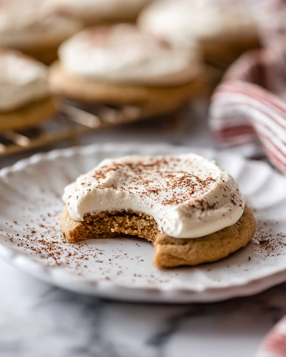 A single cookie with a golden-brown base lies on a white plate with a slightly scalloped edge. The cookie has a thick layer of creamy white frosting spread on top, sprinkled lightly with cocoa powder creating a speckled brown pattern. A small bite is taken out of the cookie, revealing a soft and chewy texture inside. In the blurred background, more similar cookies with frosting can be seen on a rack, and a striped cloth rests beneath the white plate, all set on a white marbled surface. Photo taken with an iphone --ar 4:5 --v 7