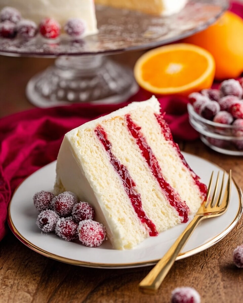 A tall layer cake is shown on a clear cake stand. The cake has five light cream-colored sponge cake layers, separated by four bright red jam layers in between. The outside of the cake is covered with smooth, pale cream frosting. On top, there is a row of small, round, red berries dusted with white powder. In the background, half an orange is visible next to a whole orange on a white marbled surface. Some blurred slices of the cake and berries are in the front. Photo taken with an iphone --ar 4:5 --v 7