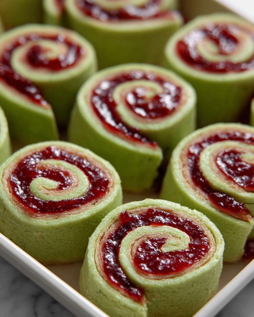 A close-up view of green cinnamon rolls arranged in a pan, each roll showing three visible spiral layers with a soft, fluffy texture inside and a slightly golden-brown edge on the outside. The rolls are thickly covered with a bright green sauce that drips slightly onto the pan, adding a smooth and glossy look. Scattered over the green sauce are small pieces of bright red, freeze-dried strawberry bits adding a pop of contrasting color and a slightly crunchy texture. The pan has a white marbled texture visible around the rolls, adding to the clean, fresh look of the image. photo taken with an iphone --ar 4:5 --v 7