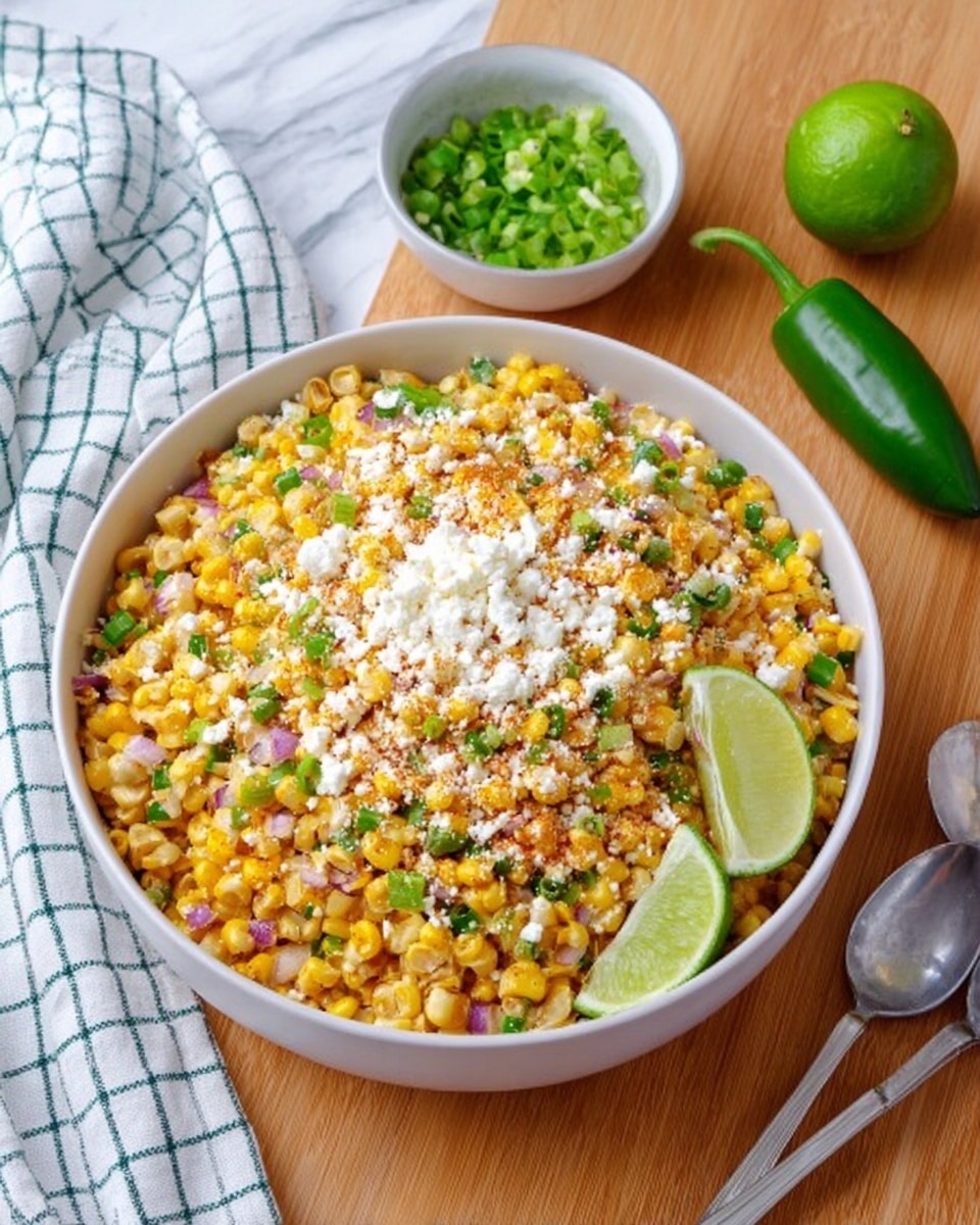A close-up view of a white bowl filled with a colorful corn salad placed on a white marbled surface; the salad has a mix of yellow grilled corn kernels, chopped green onions, and herbs sprinkled with white cheese and red seasoning powder, with two lime slices placed on the side of the bowl; a silver spoon filled with the same salad is held above the bowl by a woman's hand, showing detailed texture of the corn and cheese; blurred green potted plant and white wall in the background. photo taken with an iphone --ar 4:5 --v 7