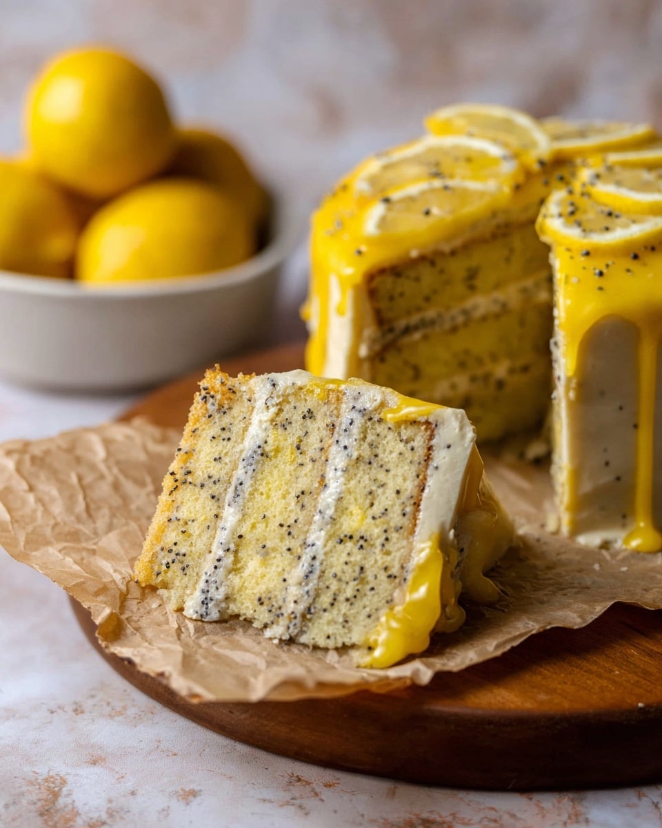 A round lemon cake cut into eight slices sits on a wooden board with a white marbled texture underneath. The cake has a thick layer of smooth white icing on the sides, decorated with black poppy seeds scattered around. The top layer is covered with a shiny, bright yellow lemon glaze that reflects light and looks glossy. Thin slices of lemon are placed near the edge on one side, adding a fresh touch. The glaze has uneven stripes and is sprinkled with poppy seeds. In the background, a white bowl filled with whole lemons is slightly blurred. Photo taken with an iphone --ar 4:5 --v 7