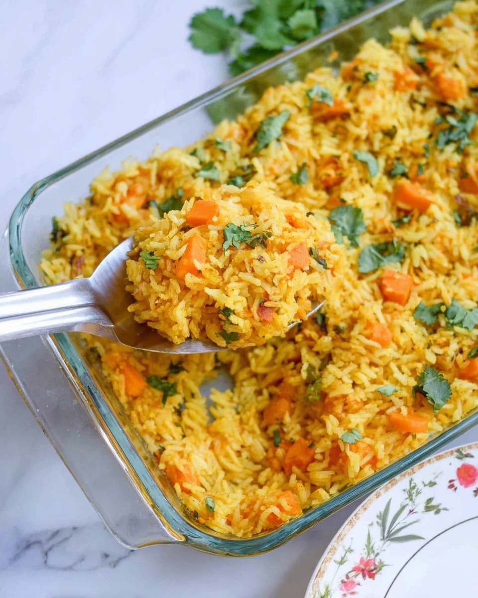 A close-up view of a single white speckled, round plate with a brown rim filled with a yellow rice dish mixed with small orange chunks, possibly vegetables, and green herbs scattered throughout. A golden fork with a hammered texture rests on the left side of the plate, partially digging into the food. A bright green lime wedge is placed on the top right edge of the rice mound. The plate sits on a white marbled surface, with a glass dish containing more of the same yellow rice and green herbs partly visible in the lower left corner and some fresh green leafy herbs blurred in the lower right corner. photo taken with an iphone --ar 4:5 --v 7