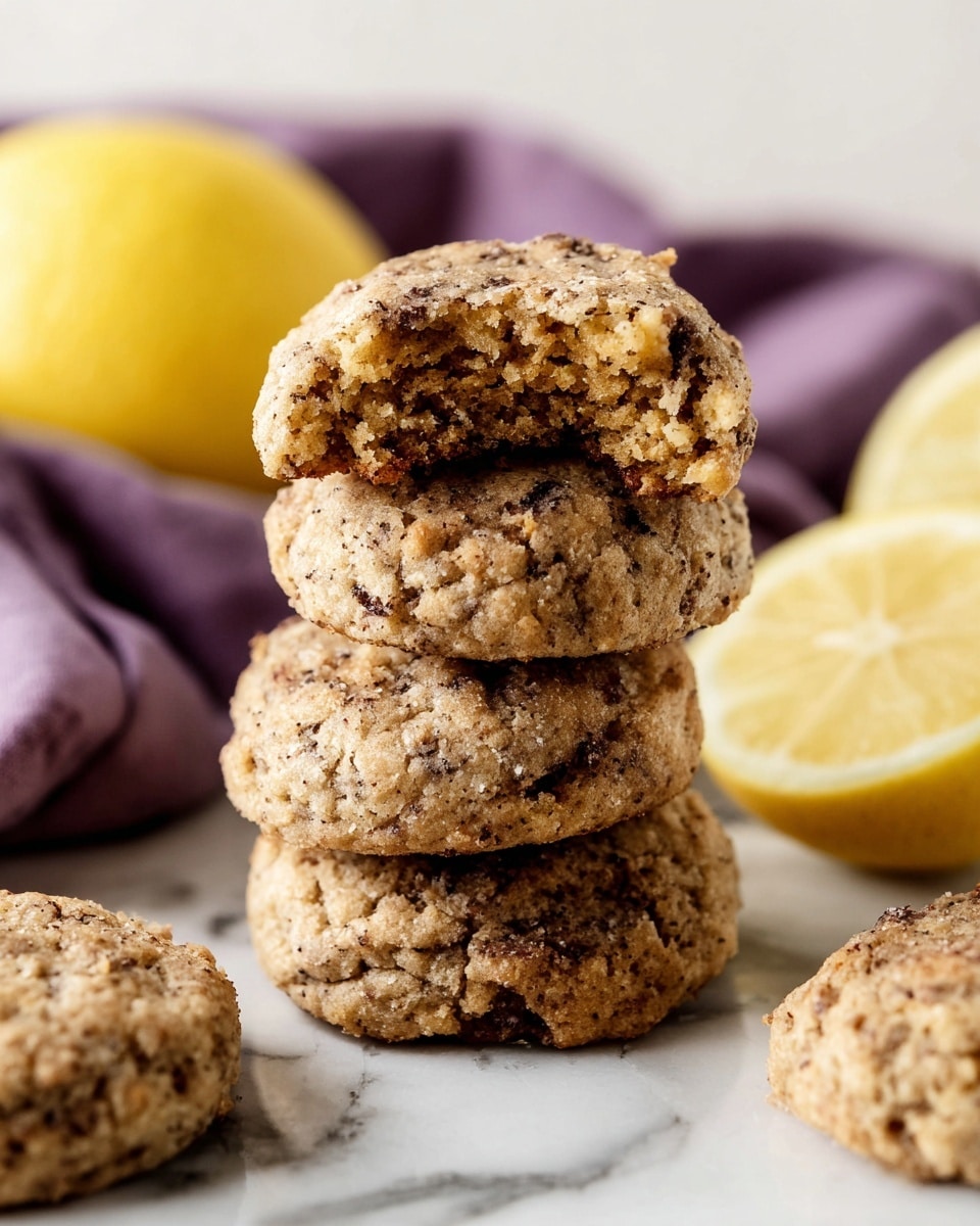 A stack of eight round, rustic cookies with a rough texture and visible chocolate chips and oats sits in two rows on a rectangular wooden board with dark edges, placed on a white marbled surface. The cookies are golden brown with lighter and darker spots, showing a crispy and crumbly look. In the background, there are two whole yellow lemons and one half lemon resting on a purple cloth, adding a pop of color to the scene. Photo taken with an iphone --ar 4:5 --v 7