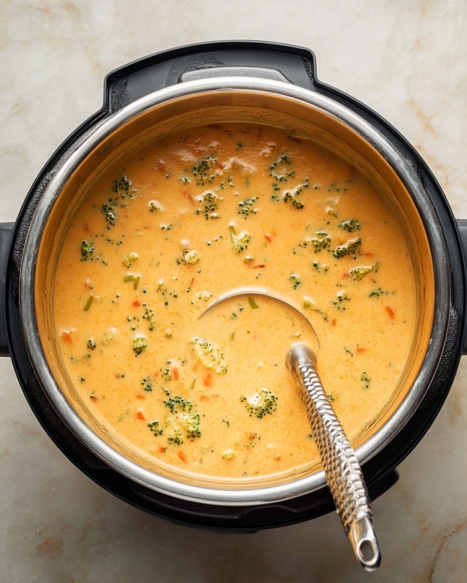 A top-down view of a white bowl filled with creamy broccoli and cheese soup, showing a smooth light orange base with visible small green broccoli florets and thin orange carrot shreds mixed throughout. A silver spoon with intricate patterns rests inside the bowl on the right side. The bowl sits on a white marbled surface, accompanied by torn pieces of bread near the bottom left and a beige cloth on the bottom right. Two more white bowls of the same soup are partially visible at the top of the image, along with a clear glass of water on the right side, photo taken with an iphone --ar 4:5 --v 7