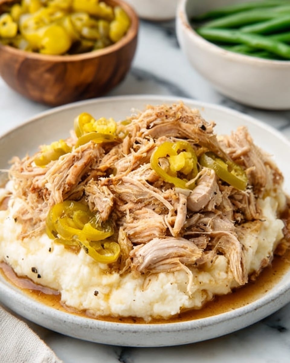The image shows a large black cooking pot filled with a thick layer of shredded cooked chicken that is brownish-beige in color, covering the whole pot. On top of the chicken, there are three bright green pepperoncini peppers, slightly wrinkled and shiny, placed unevenly around the surface. Two silver forks with intricate handles are stuck into the shredded chicken near the center. The textured chicken fills the pot densely, with some moisture visible, giving it a tender look. The scene is set against a white marbled texture background. photo taken with an iphone --ar 4:5 --v 7