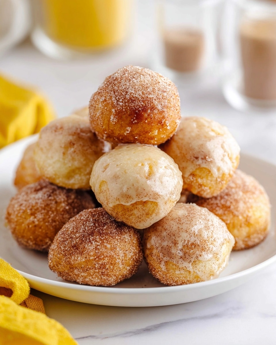 A white plate holds a pile of round, golden-brown dough balls with a mix of glossy and matte textures. The top layer shows one dough ball split open, revealing a soft, fluffy inside with a light beige color. Some dough balls are shiny with a glaze, while others have a dusting of cinnamon sugar giving a grainy brown finish. The plate sits on a white marbled surface with blurred bananas and a small clear bowl in the background. photo taken with an iphone --ar 4:5 --v 7