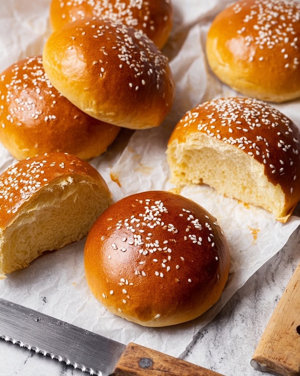 A round ball of dough with a smooth, shiny yellow surface is shown resting on white parchment paper. The dough is lightly sprinkled with small white sesame seeds on top, adding a subtle texture contrast. The surface underneath the parchment paper is a white marbled texture, soft and clean, with some scattered small dough bits around the main dough ball. The lighting highlights the slight gloss of the dough, giving it a fresh, ready-to-bake appearance. Photo taken with an iphone --ar 4:5 --v 7