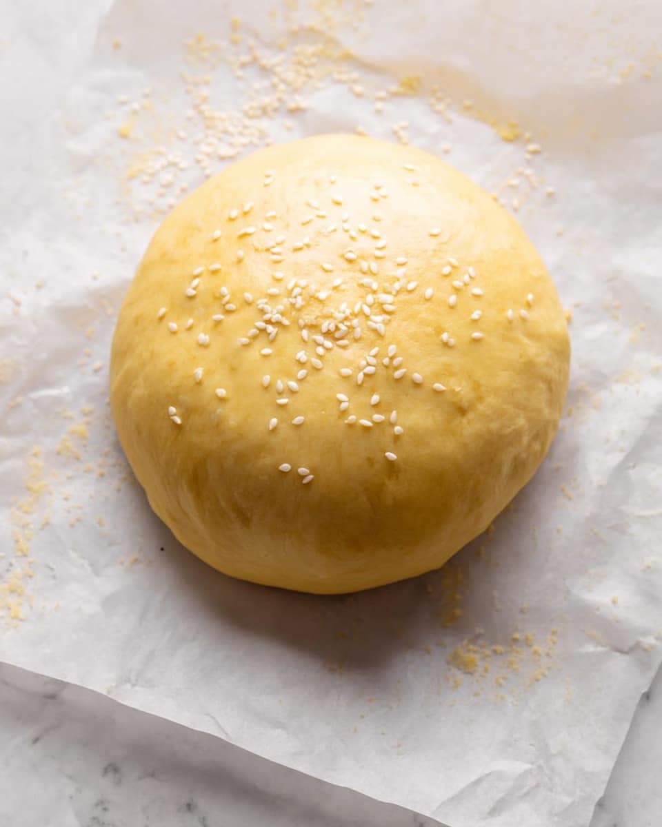 The image shows a group of shiny golden-brown burger buns sprinkled with white sesame seeds on top. One bun is sliced open, revealing its soft, light yellow inside texture. The buns are resting on white parchment paper placed over a white marbled surface. A large knife with a wooden handle and serrated blade lies nearby in the front, adding a rustic touch to the setting. The lighting highlights the buns’ smooth and glossy tops clearly. Photo taken with an iphone --ar 4:5 --v 7