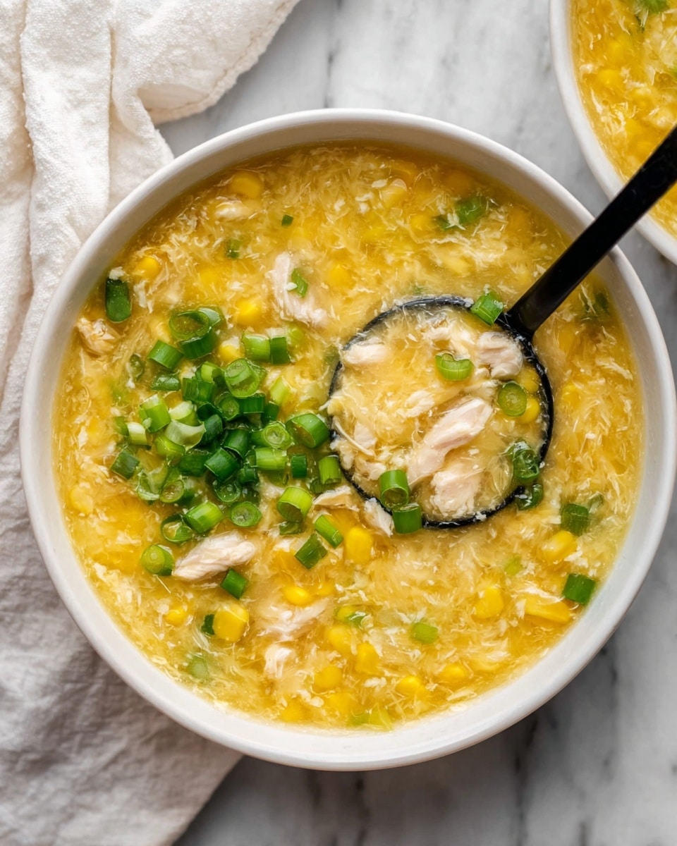 A white bowl is filled with a thick yellow soup that has visible chunks of white chicken and bright yellow corn pieces throughout. The soup has a soft, slightly jelly-like texture with noticeable strands of cooked egg mixed into the broth. On top, a pile of finely chopped green onions adds a fresh green color to one section of the bowl. A black spoon is placed inside the bowl, scooping up some of the soup, with chicken, corn, and green onions clearly seen in the spoon’s bowl. The background shows a white marbled surface with a white cloth nearby. photo taken with an iphone --ar 4:5 --v 7
