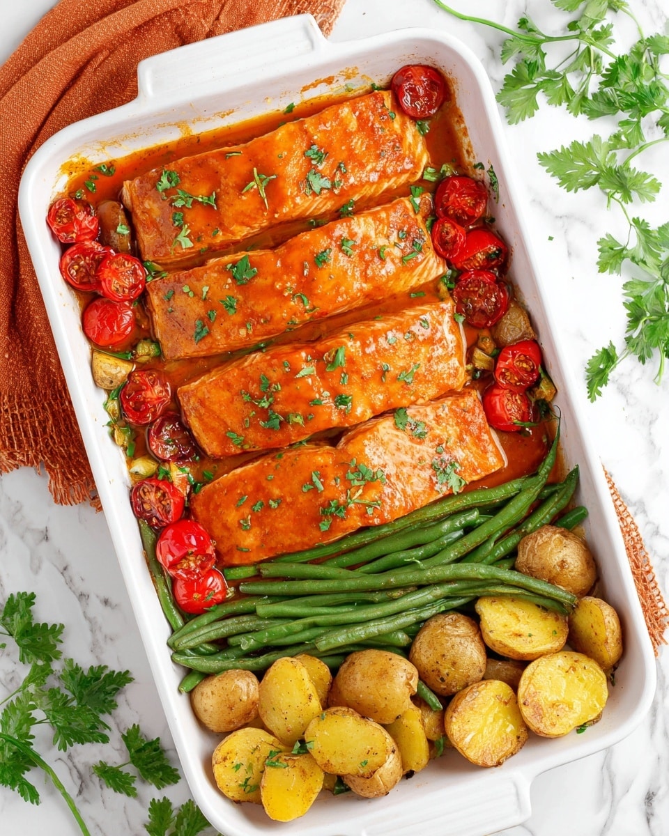 The dish shows three large pieces of cooked salmon with a bright orange glaze, topped with small green herb pieces, placed closely side by side in a white baking dish. Below the salmon, there is a thin layer of sauce with a reddish-orange hue. In the lower part of the dish, there are green beans and halved cherry tomatoes with a roasted look, adding green and red color contrast. The white baking dish sits on a white marbled surface, and in the background, two white containers and a small bunch of green herbs are slightly out of focus. photo taken with an iphone --ar 4:5 --v 7