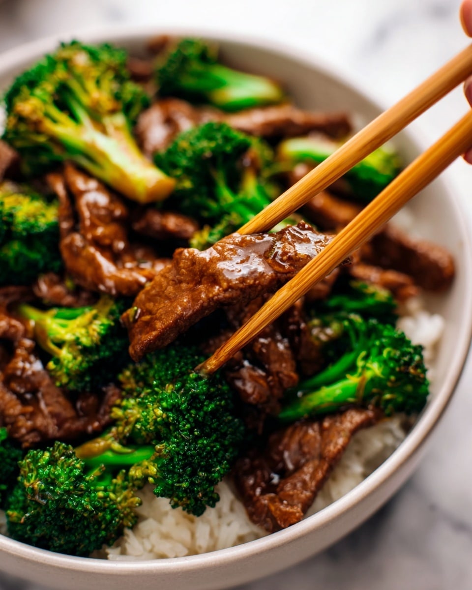 A close-up image of a bowl filled with vibrant green broccoli florets and tender, glossy brown beef strips coated in sauce. The broccoli is bright and slightly textured, scattered evenly through the bowl with the beef pieces layered on top. A pair of light wooden chopsticks held by a woman's hand picks up one piece of beef, showing the shiny, juicy surface. The bowl is white and sits on a white marbled surface, bringing out the rich colors of the food. photo taken with an iphone --ar 4:5 --v 7