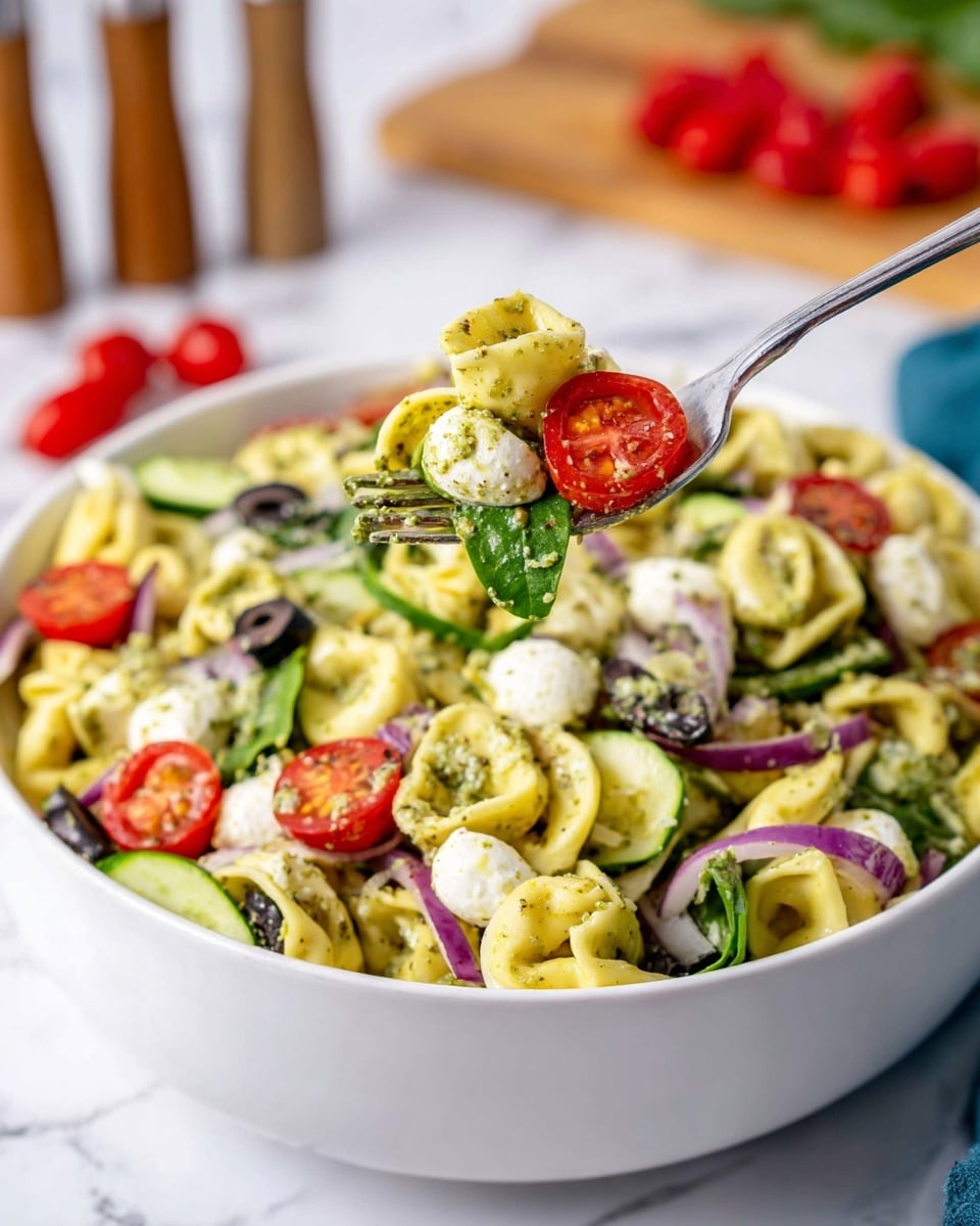 A clear glass bowl filled with a colorful tortellini salad sits on a white marbled surface. The salad has three main layers: yellow tortellini pasta with a smooth texture, bright red halved cherry tomatoes, and green spinach leaves mixed throughout. Additional layers include sliced dark black olives, diced cucumber pieces showing their pale green inside, and small chunks of white cheese. The salad is coated in a green pesto dressing that sticks to all ingredients. In the front, a wooden spoon lifts a portion of the salad, showing the mix of all colors and textures close up. In the background, there is a cluster of whole red cherry tomatoes on a vine and a small glass bowl of green pesto sauce. photo taken with an iphone --ar 4:5 --v 7