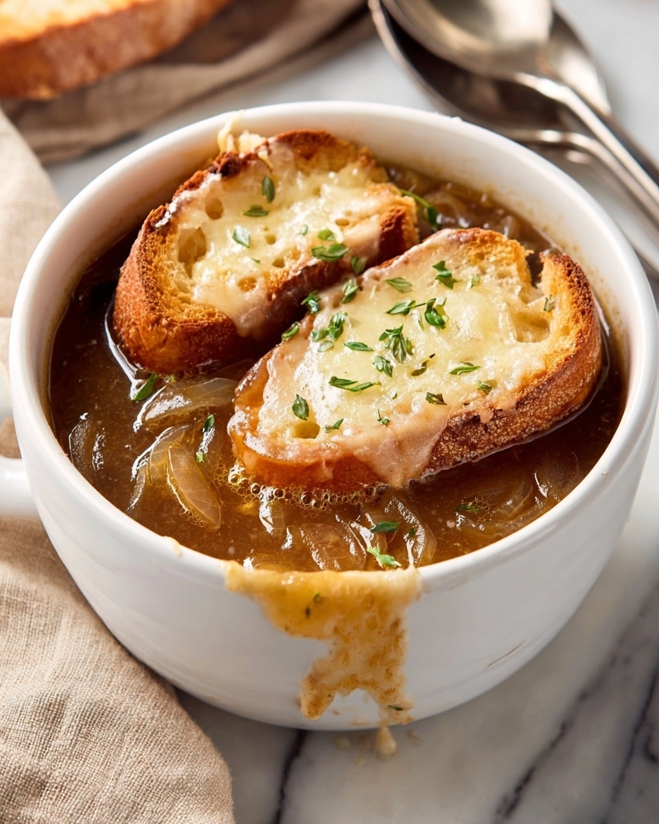 A white bowl holds rich brown onion soup filled with soft caramelized onion slices visible throughout the broth. Two thick slices of toasted bread with a golden crust and melted creamy cheese sit on top of the soup, one slightly overlapping the other, with small green herb leaves as garnish. Some melted cheese drips down the side of the bowl. The bowl is on a white marbled surface with a beige cloth slightly blurred in the background, and a silver spoon resting beside the bowl. Photo taken with an iphone --ar 4:5 --v 7