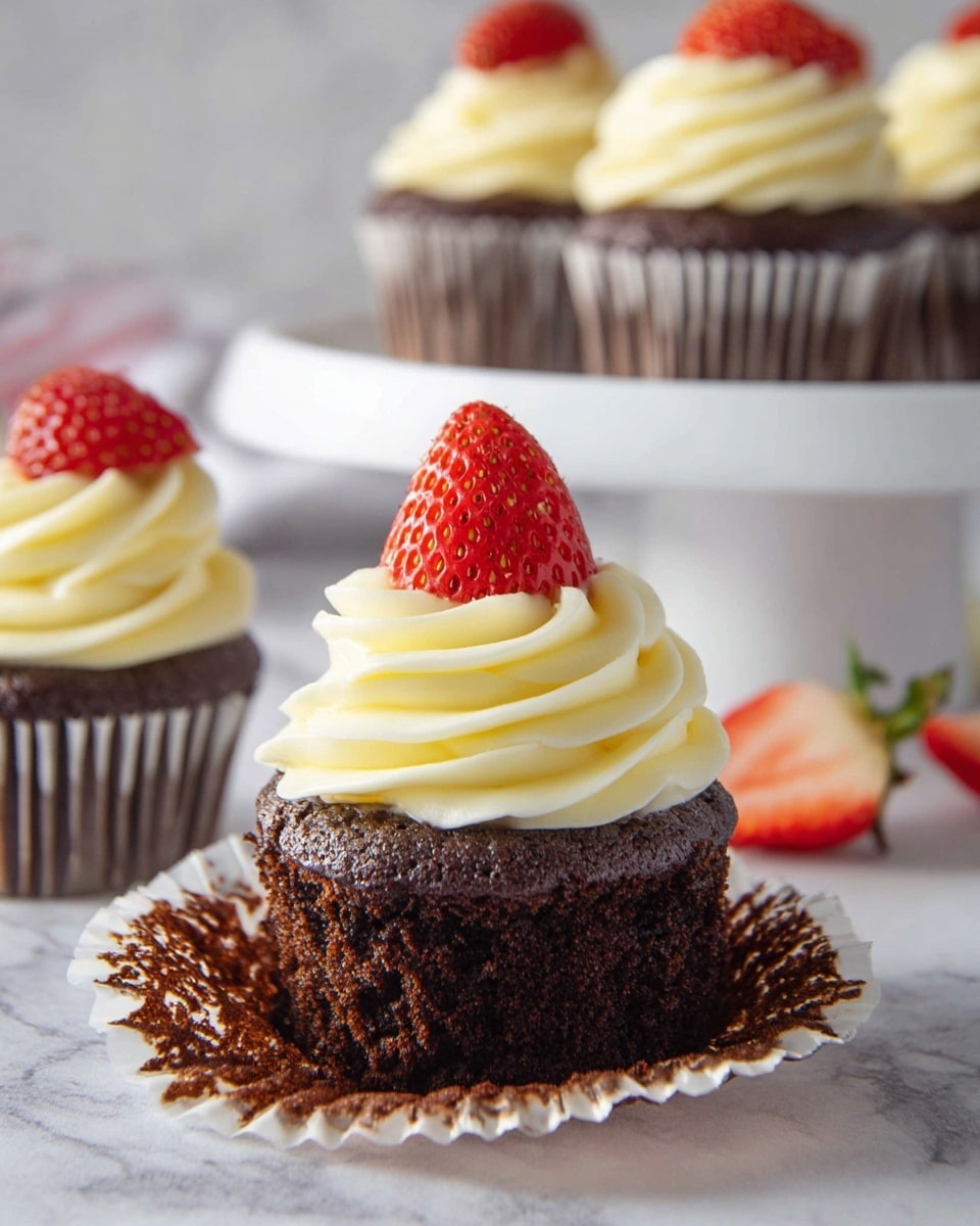The image shows several chocolate cupcakes arranged on a white cake stand and a white marbled texture surface. Each cupcake has a dark brown base topped with a thick swirl of creamy white frosting. On top of each frosting swirl sits a whole red strawberry with a small dollop of white frosting on its tip, resembling a Santa hat. Around the cupcakes, there are halved strawberries showing their bright red interior, a white bowl filled with red strawberries, and red glittery Christmas ornaments, set on a white marbled texture surface with a soft beige cloth in the background. photo taken with an iphone --ar 4:5 --v 7