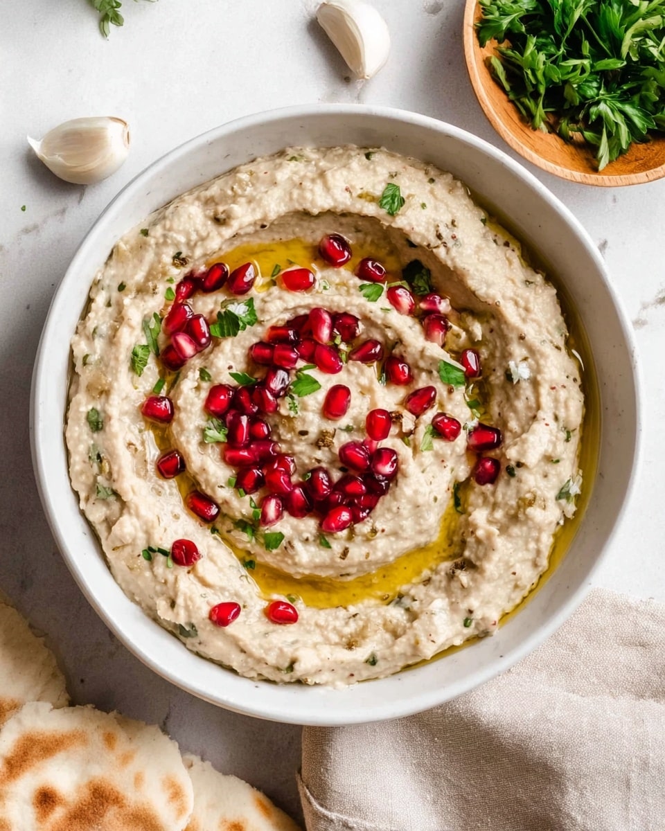 A white shallow bowl filled with a creamy, light beige dip with green herb bits mixed in throughout. The dip is spread in a spiral shape with a swirl in the center, topped with a drizzle of golden olive oil pooled in some of the spiral grooves. Bright red pomegranate seeds are scattered on top, adding a pop of color against the pale dip. Small green herb leaves are also scattered lightly on the surface. The bowl is placed on a white marbled background with garlic cloves and fresh parsley in a small wooden bowl nearby. A folded light beige cloth is beside the bowl, and a portion of white pita bread sits partially visible at the lower left. Photo taken with an iphone --ar 4:5 --v 7