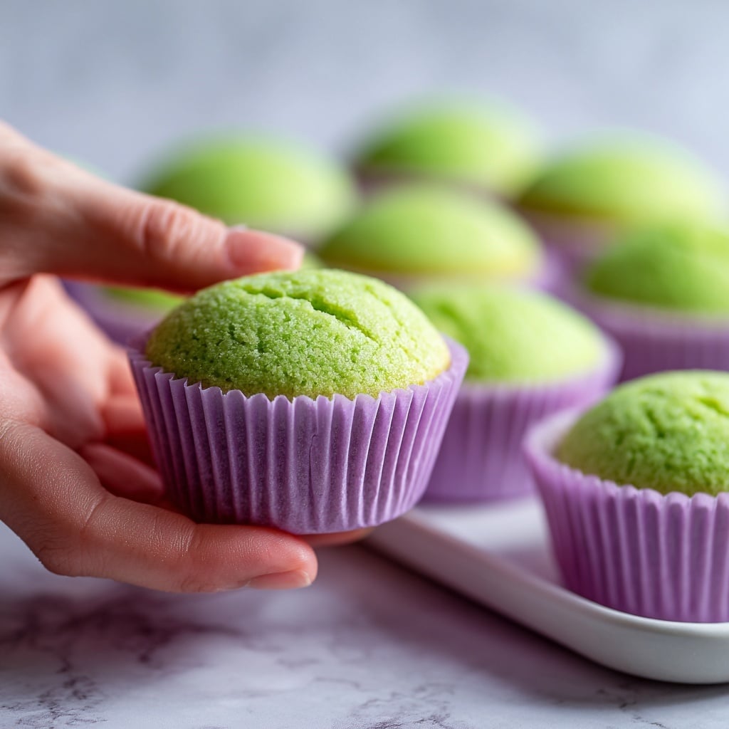 The image shows several bright green muffins cooling on a metal rack on a white marbled surface. The muffins have a soft, fluffy texture with a slightly cracked rounded top, showing small air holes throughout. The green color is even and vibrant all over each muffin, suggesting an ingredient like matcha or spinach. The muffins are arranged with one in sharp focus at the front and others blurred in the background, giving a sense of depth. Photo taken with an iphone --ar 4:5 --v 7