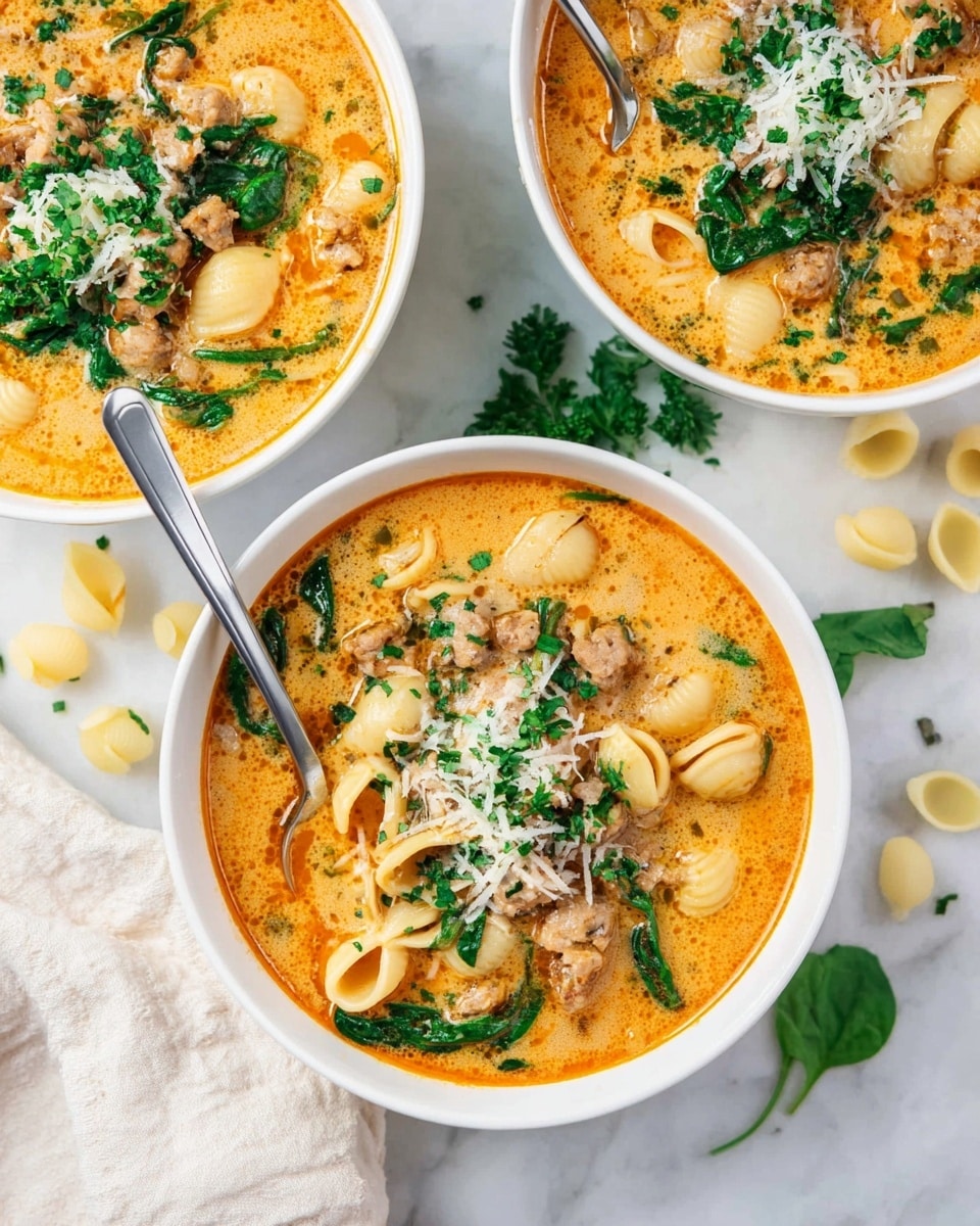 A white bowl with light gray circular patterns is filled with a rich, orange-colored soup. The soup has three main layers: a top layer of bright green leafy vegetables scattered around, a middle layer with pale cream pasta shells and small pieces of orange carrots, and a bottom layer with chunks of light brown meat and some red tomato bits in a creamy broth. A silver spoon is lifting some pasta shells and soup near the front of the bowl. The bowl is sitting on a white marbled surface, and blurred white bowls with similar soup are seen in the background. photo taken with an iphone --ar 4:5 --v 7