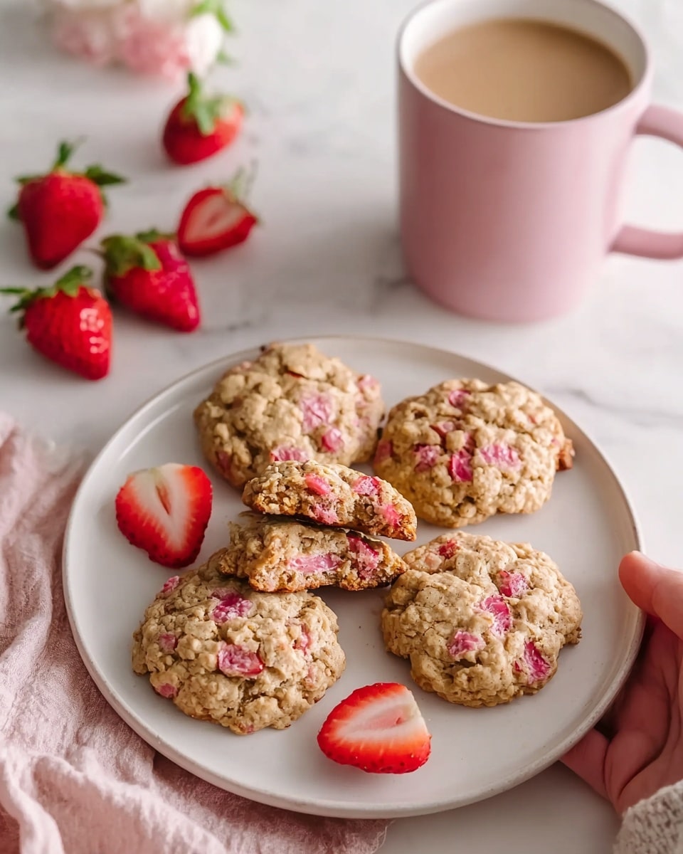 A stack of four round oatmeal cookies with bits of red strawberries visible inside each cookie, with the top cookie having a halved strawberry on it, standing on a white plate. The cookies are textured with oats and strawberry pieces, and there is a small drizzle of light pink glaze on them. Next to the stack on the plate are two whole strawberries with green leafy tops. The plate is on a soft light pink cloth, and the background has a white marbled texture with blurry pink and red colors behind. Photo taken with an iphone --ar 4:5 --v 7
