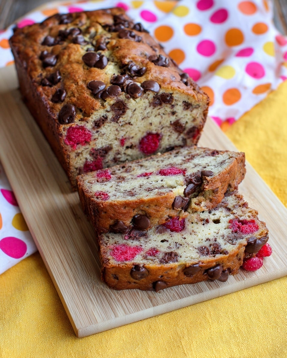 A loaf of bread with a golden-brown top scattered with dark chocolate chips and bright red raspberries. The bread is sliced showing two thick pieces filled with many dark chocolate chips and raspberries inside, giving it a speckled look. The bread and slices rest on a wooden board placed on a yellow cloth with white and pink polka dots. The texture of the bread looks soft and moist with visible fruit and chocolate pieces throughout. photo taken with an iphone --ar 4:5 --v 7