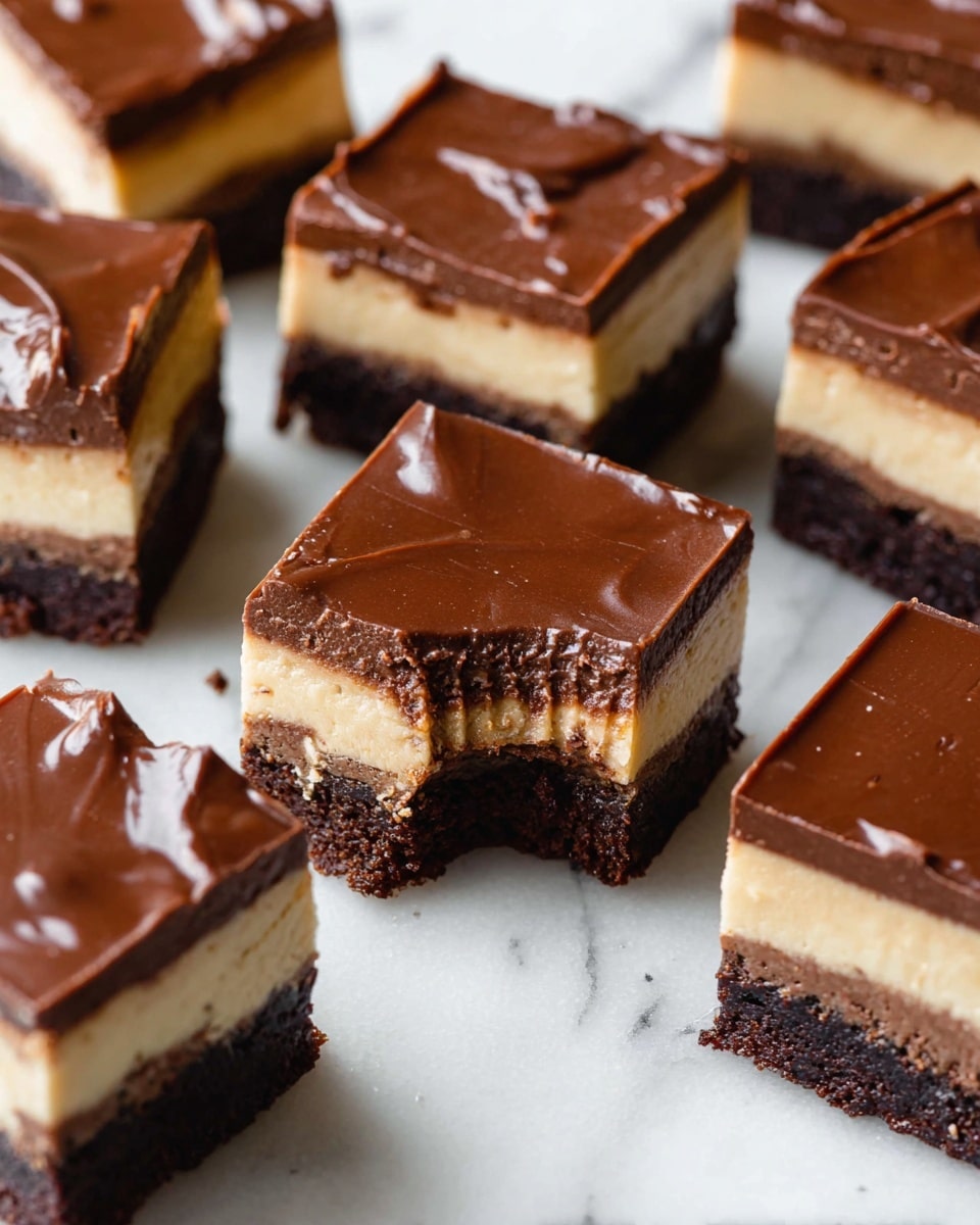 A close-up view of a baking pan lined with shiny silver foil, filled with thick, smooth chocolate batter that has visible swirls and a rich dark brown color. Near the pan sits a clear glass mixing bowl with some chocolate batter remnants and a dark brown spatula resting inside. Scattered coffee beans and a small clear bowl of cinnamon powder are on the white marbled surface next to the pan. A white bowl filled with white powdered sugar and a wrapped stick of butter with blue printing are also nearby. photo taken with an iphone --ar 4:5 --v 7