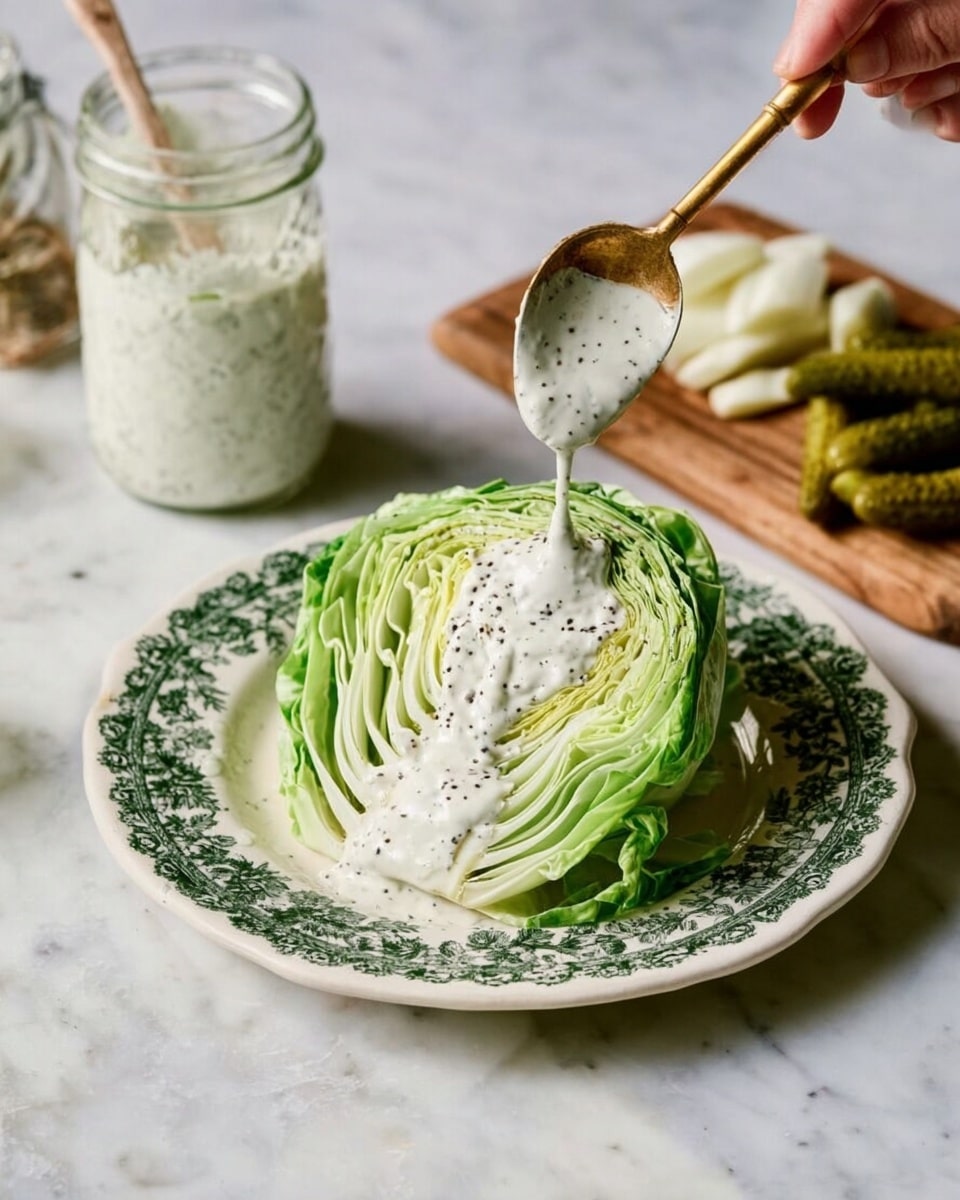 A clear glass filled with a creamy white sauce that has small green herb flakes evenly mixed throughout, sitting on a wooden cutting board. To the right of the glass are a few pale green pickle slices placed in a white bowl with a textured inside, and some more pickle slices lying next to it on the board. To the left, there is a small white bowl holding dried green herbs, and fresh green dill sprigs resting directly on the board. A woman's hand is holding a spoon with a gold handle, scooping some of the sauce from the glass. The background is a white marbled texture. photo taken with an iphone --ar 4:5 --v 7