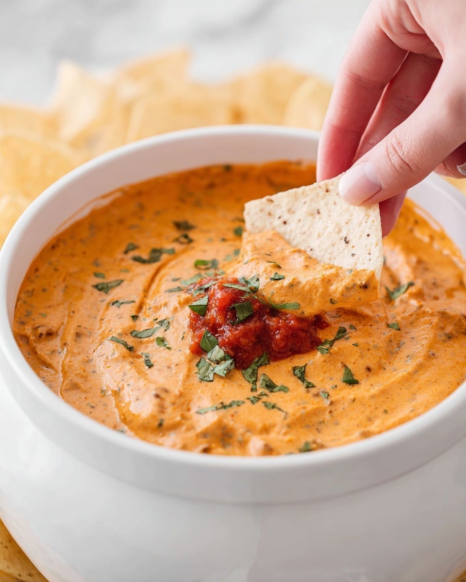 A white bowl filled with thick, orange-colored cheese dip that has small bits of ingredients mixed throughout, topped with a dollop of red salsa and sprinkled with chopped green herbs in the center. The bowl sits on a white marbled surface with a red and white patterned cloth draped beside it. To the right, a bowl holds yellow tortilla chips, and to the left, there is a small container of red salsa along with fresh green cilantro leaves scattered on the surface. photo taken with an iphone --ar 4:5 --v 7