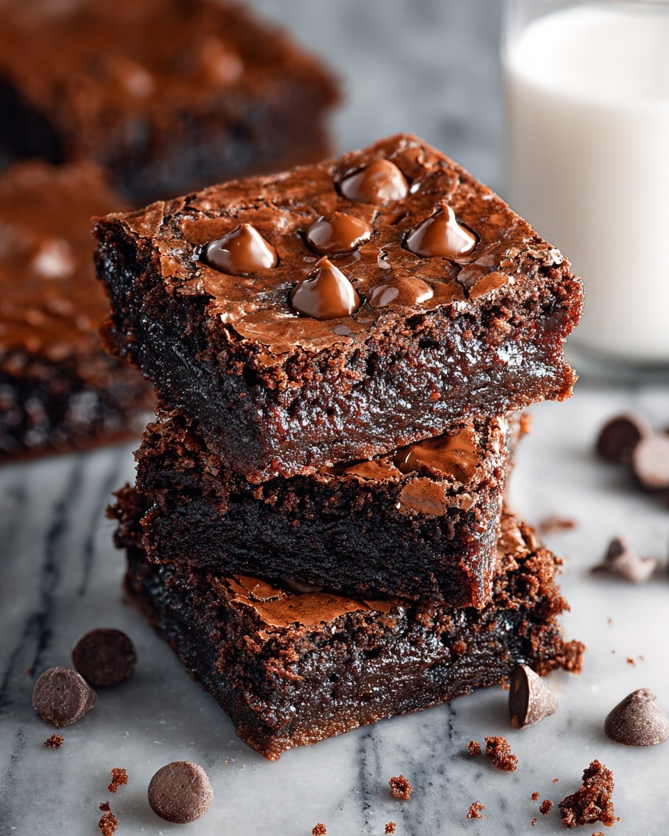 A square baking pan lined with parchment paper holds thick, rich chocolate batter spread evenly inside. The batter is dark brown and slightly shiny, with a rough texture. Scattered on top are small, round, dark chocolate chips that add a contrasting spotty pattern. The pan rests on a white marbled surface with a smooth, minimal look in the background. photo taken with an iphone --ar 4:5 --v 7