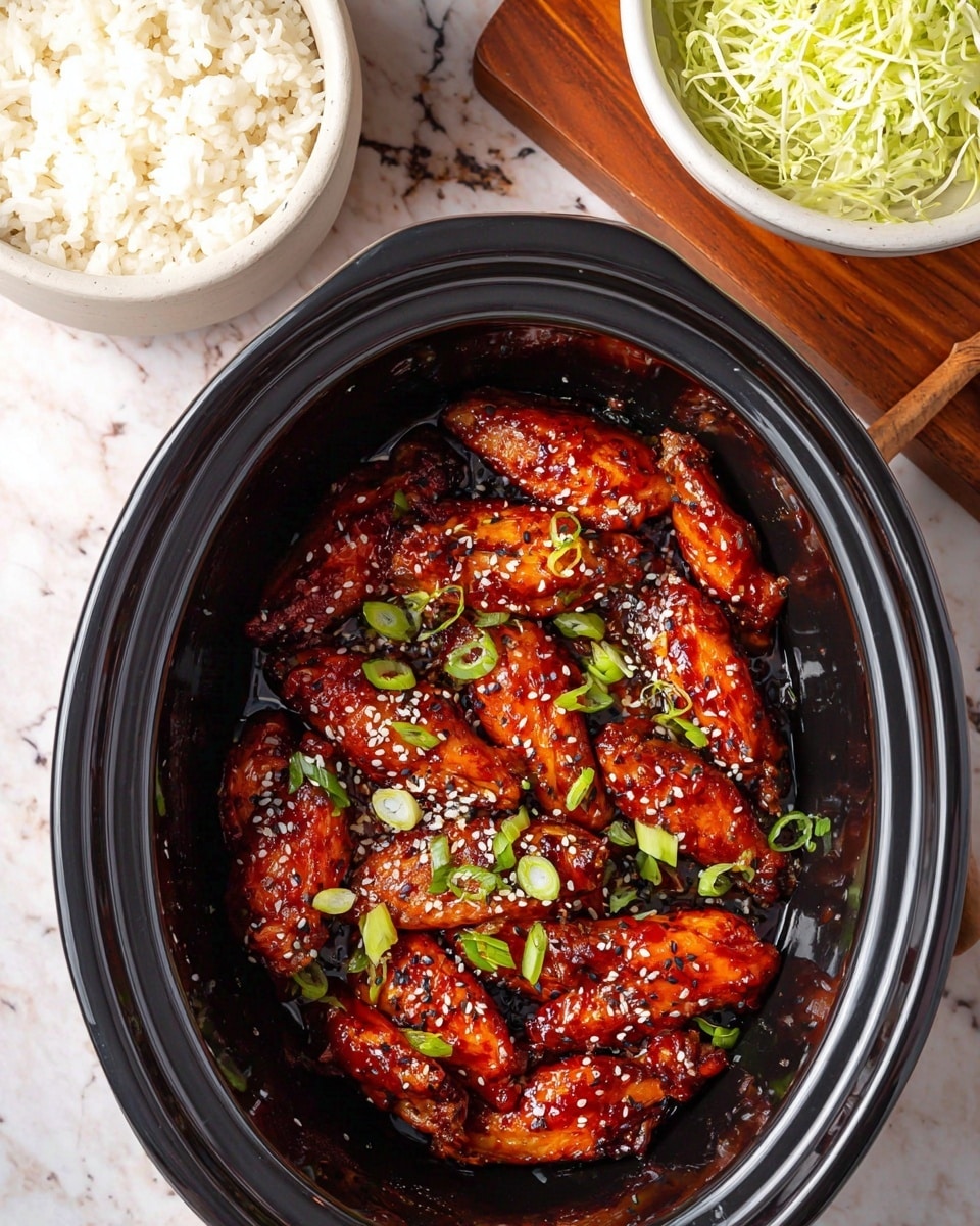 The image shows a white oval plate full of glazed chicken wings, each coated in a sticky red sauce with crispy, slightly charred edges. The wings are sprinkled with white and black sesame seeds and chopped green onions, adding texture and color contrast. In the center of the plate, there is a small white bowl filled with extra chopped green onions. The plate is placed on a white marbled surface with a red and white cloth napkin nearby. In the background, a white bowl contains shredded pale green cabbage on a wooden board, and part of a black crockpot is visible. Photo taken with an iphone --ar 4:5 --v 7